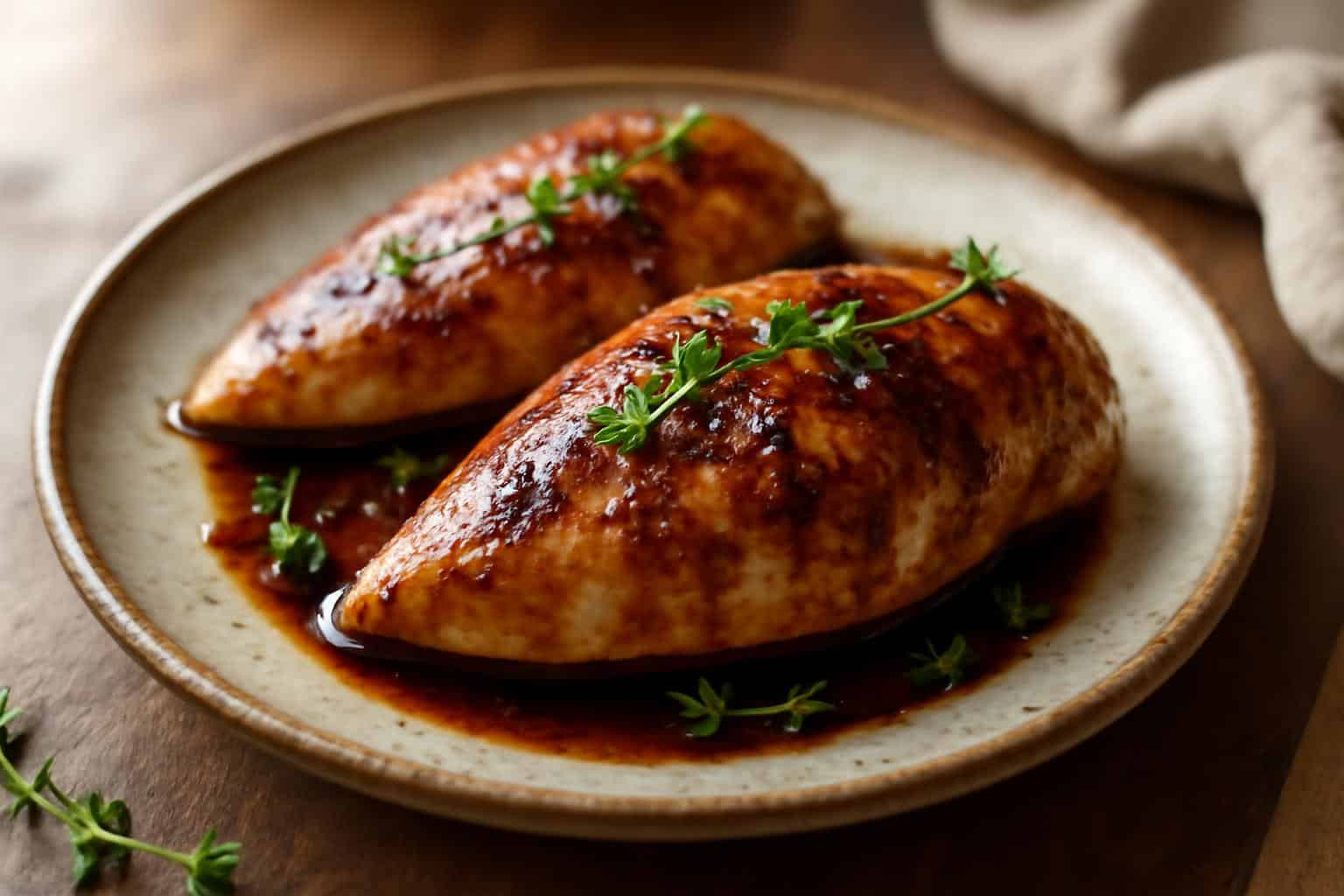 balsamic baked chicken breast with fresh thyme garnish on rustic plate