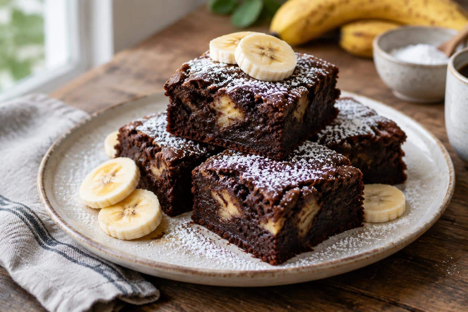 Moist banana bread brownies with banana slices and powdered sugar, showcasing banana bread brownies texture