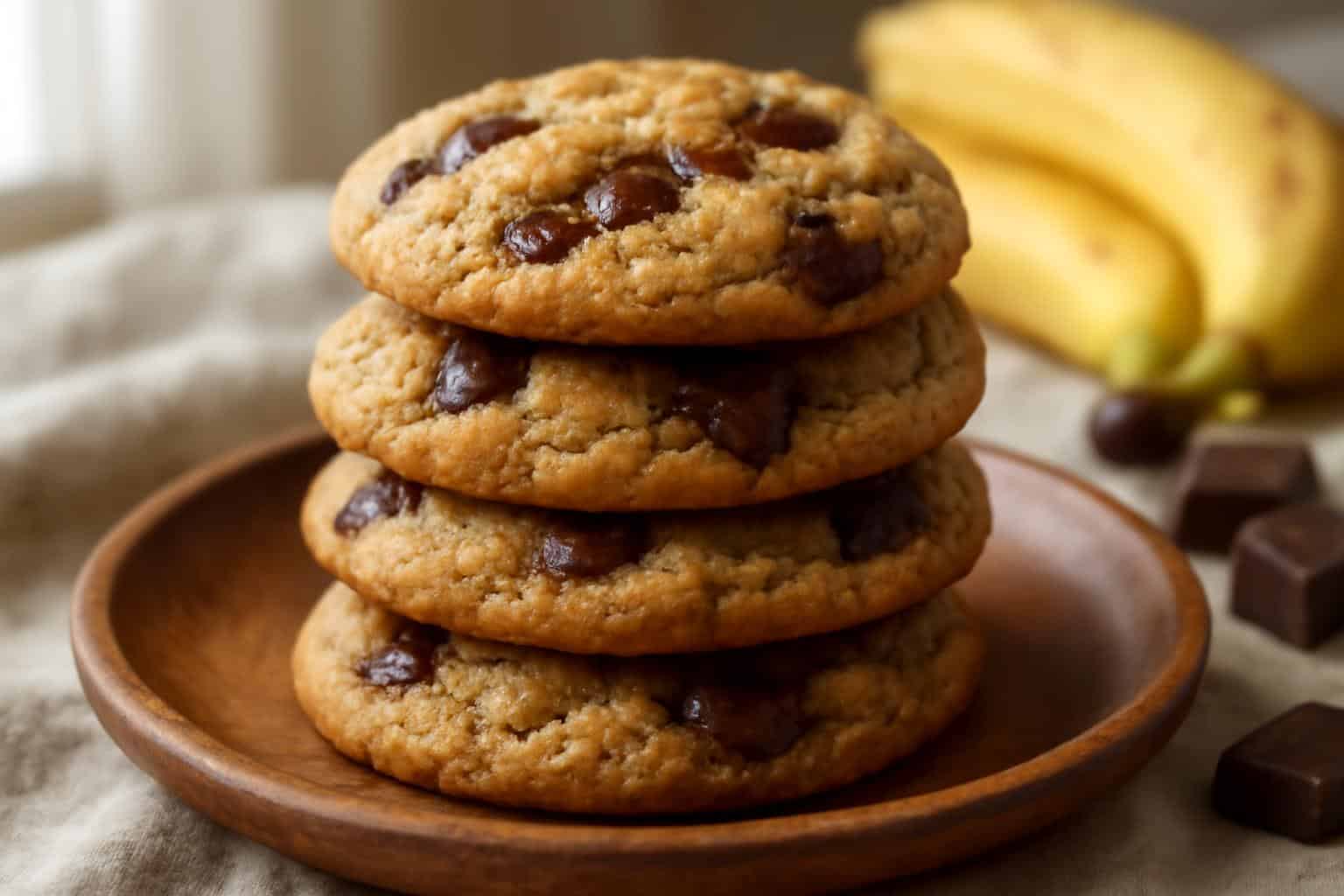 Banana bread chocolate chip cookies stacked on rustic plate with visible chocolate chips and banana pieces