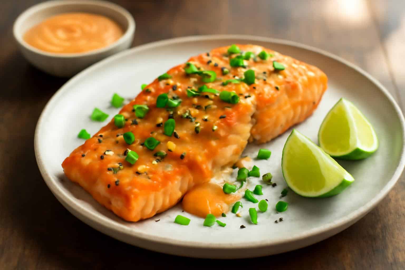 Bang bang salmon with creamy spicy sauce and green onion garnish on rustic plate, quick baked healthy fish