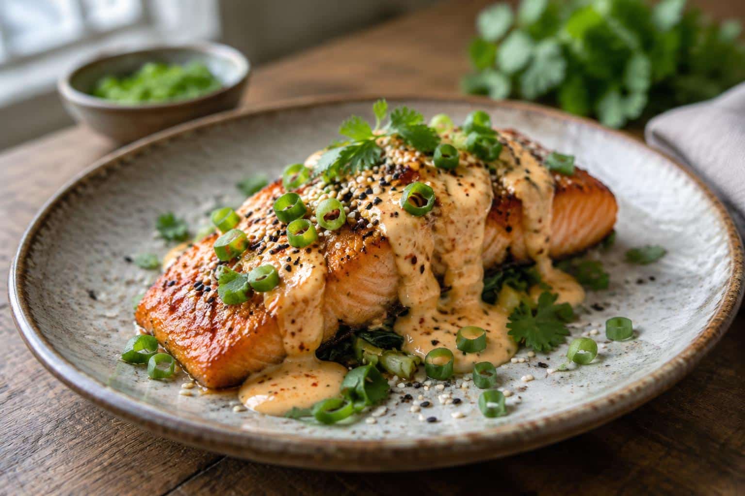 Baked bang bang salmon with creamy spicy sauce and green onion garnish on rustic plate