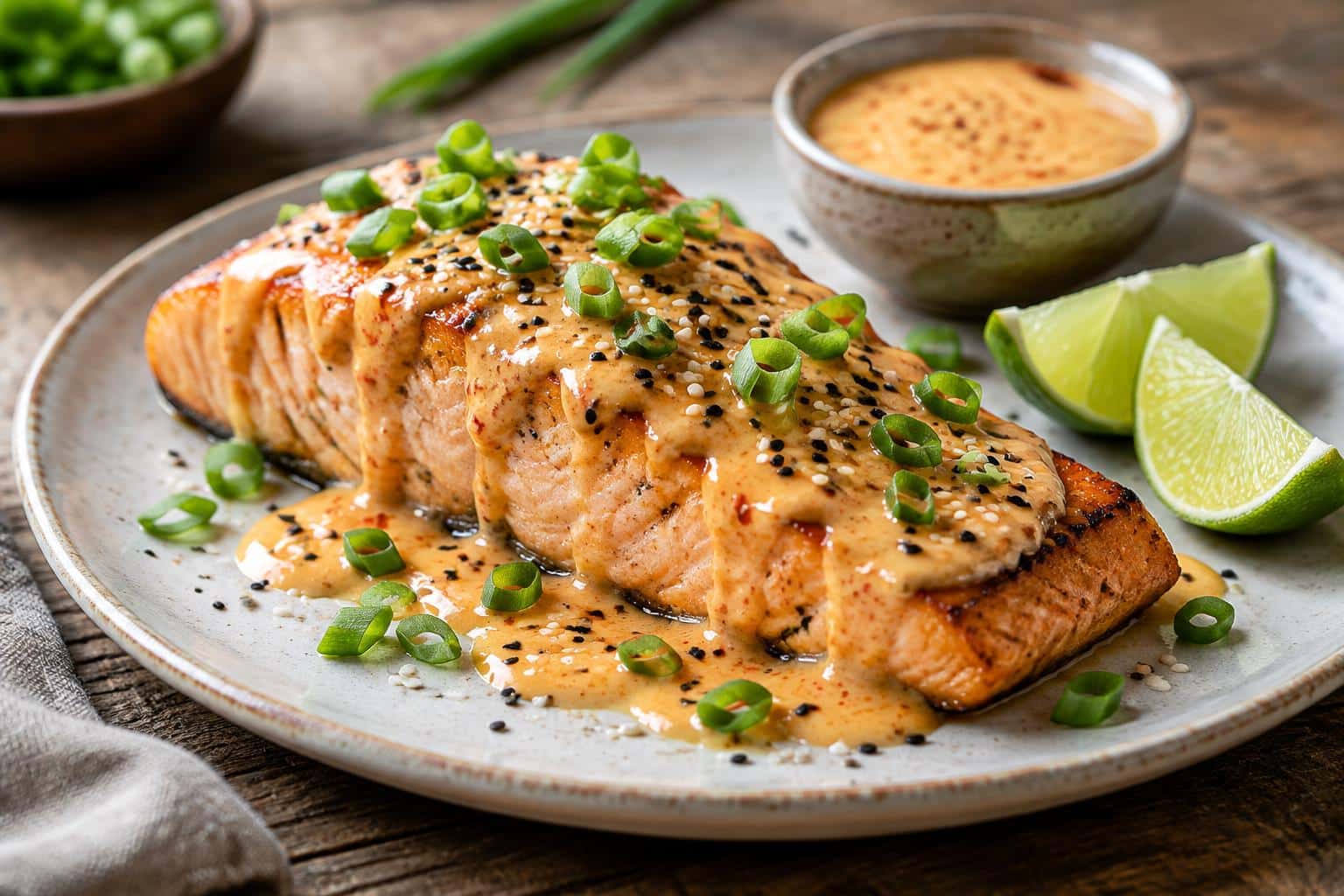 Baked bang bang salmon glazed with creamy spicy sauce garnished with green onions and sesame seeds