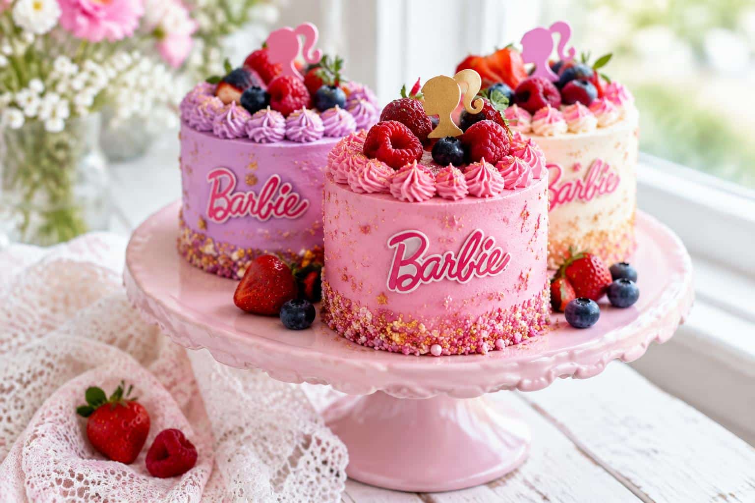 Freshly baked colorful Barbie cakes on a pink cake stand with edible glitter garnish
