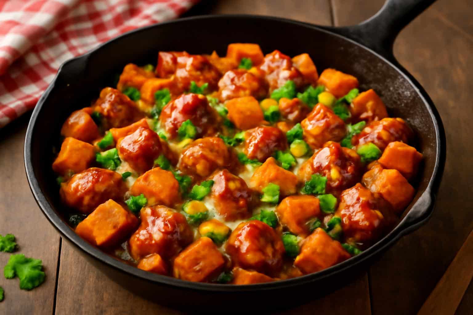 BBQ chicken skillet with cheesy sweet potatoes garnished with parsley and green onions