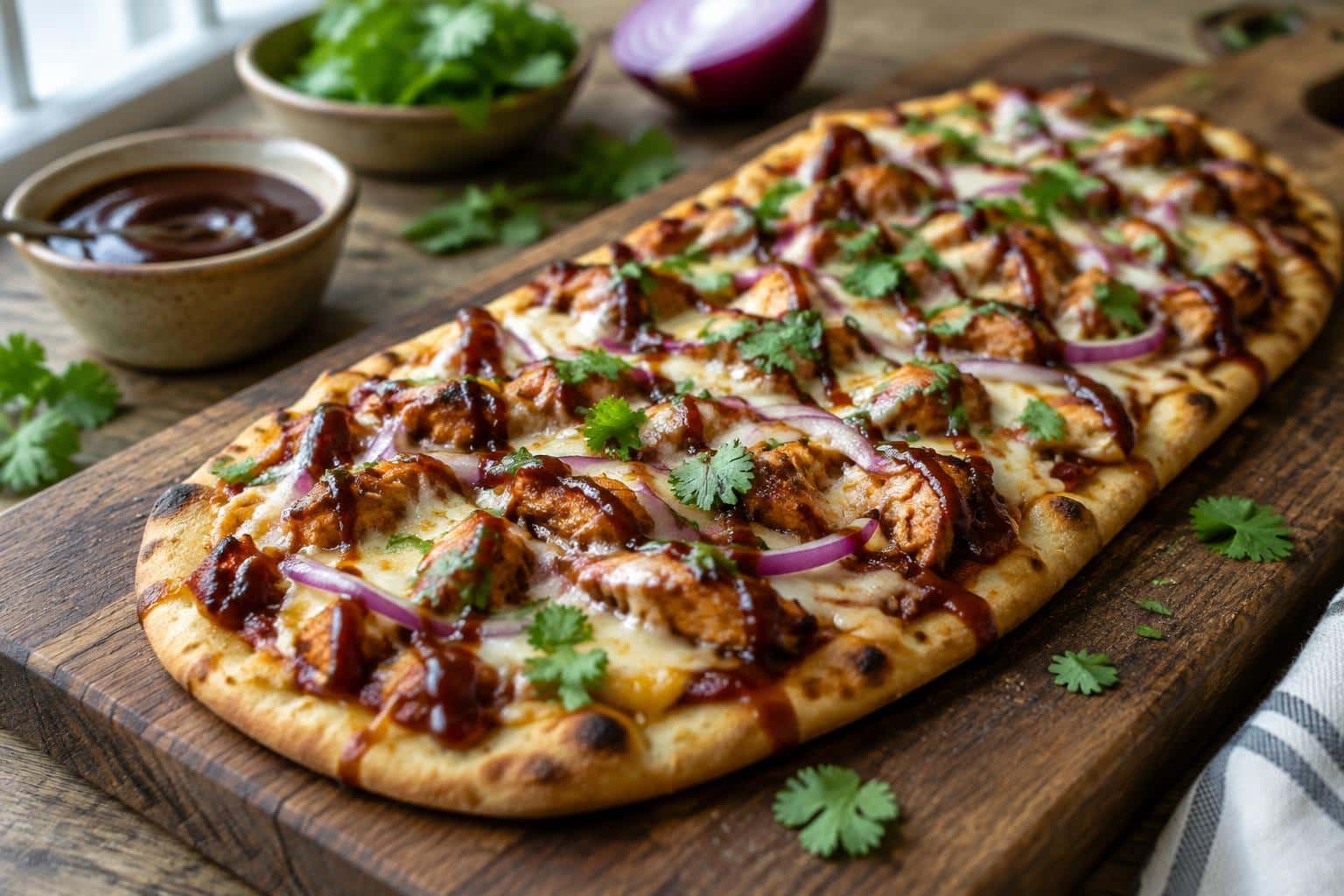 BBQ chicken flatbread pizza topped with red onions, cheese, and cilantro on a wooden board