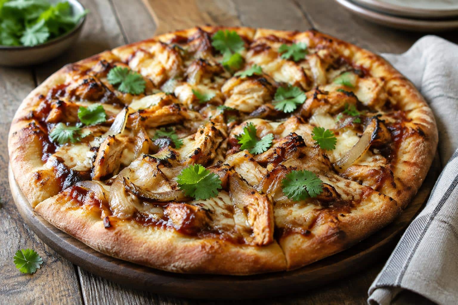 BBQ chicken pizza topped with caramelized onions and fresh cilantro on a rustic wooden surface