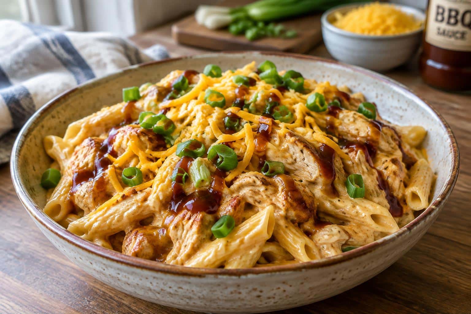 BBQ ranch chicken pasta in a rustic bowl garnished with green onions showcasing creamy one-pot meal