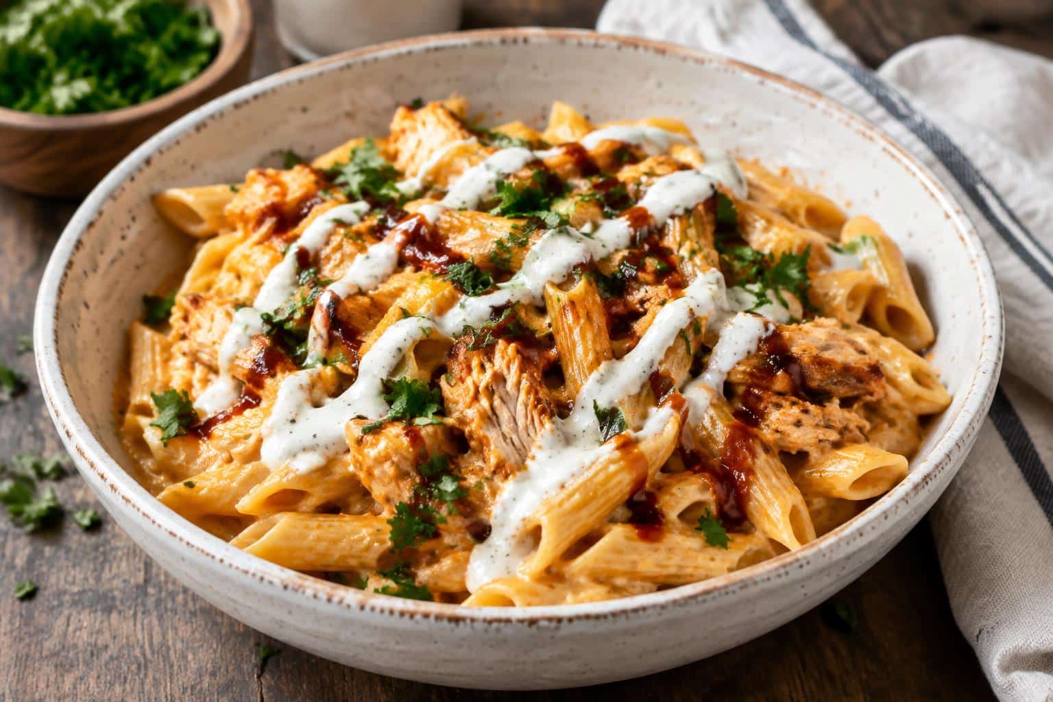 BBQ ranch chicken pasta in a bowl garnished with parsley and creamy ranch dressing