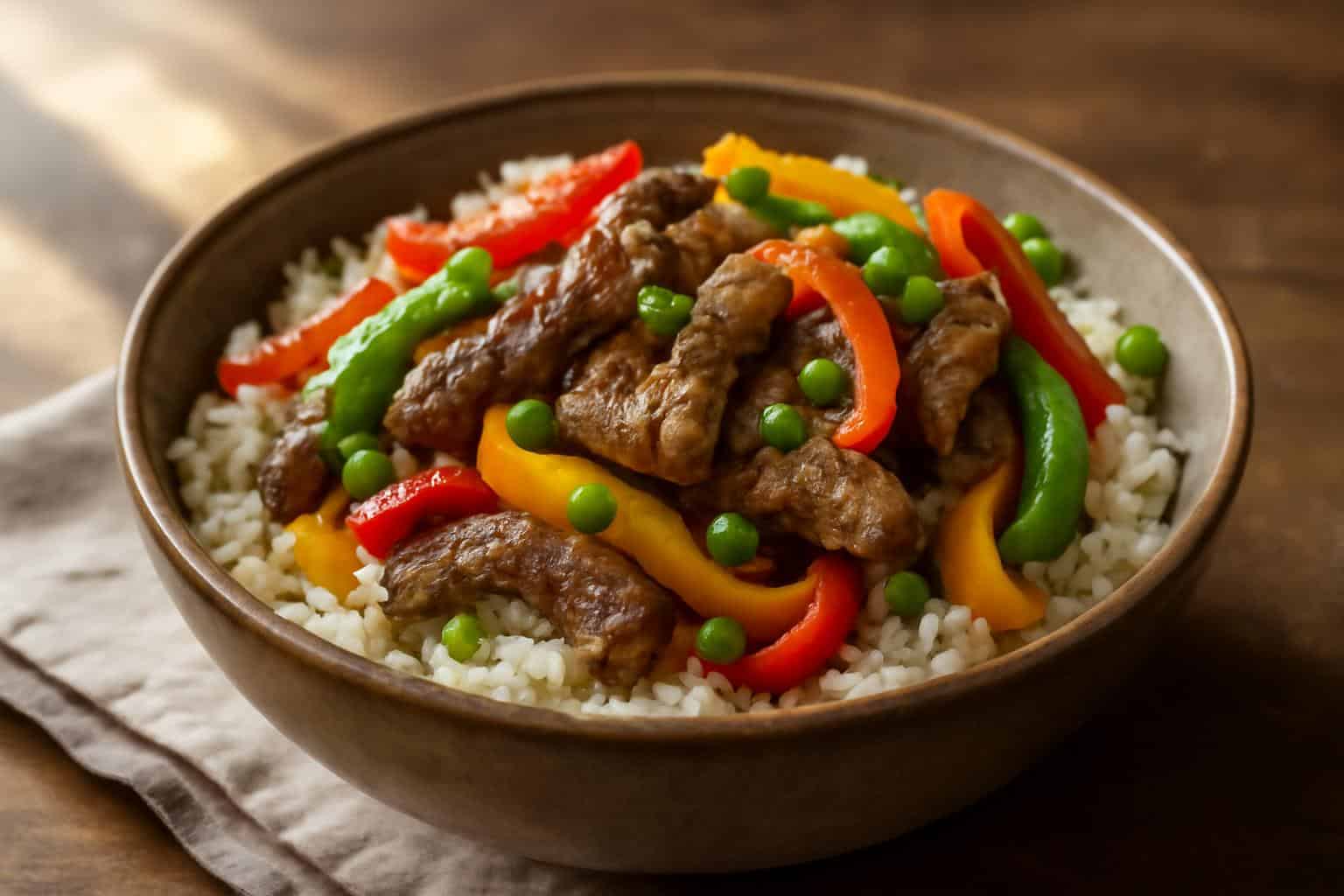 Savory beef pepper rice bowl with colorful bell peppers and green onions on fluffy rice