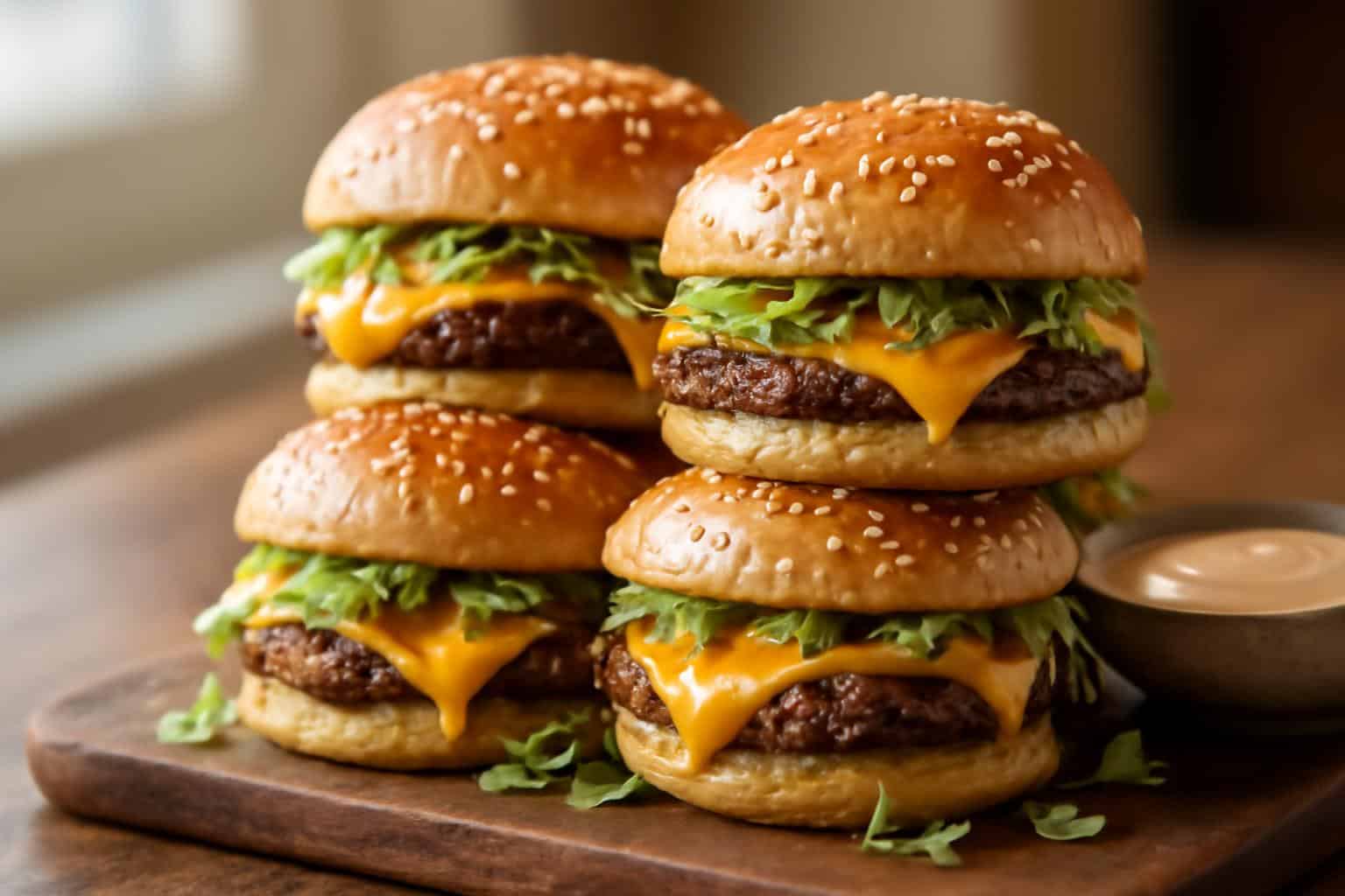 Beefy big mac sliders with melted cheese, lettuce, and special sauce on sesame seed buns