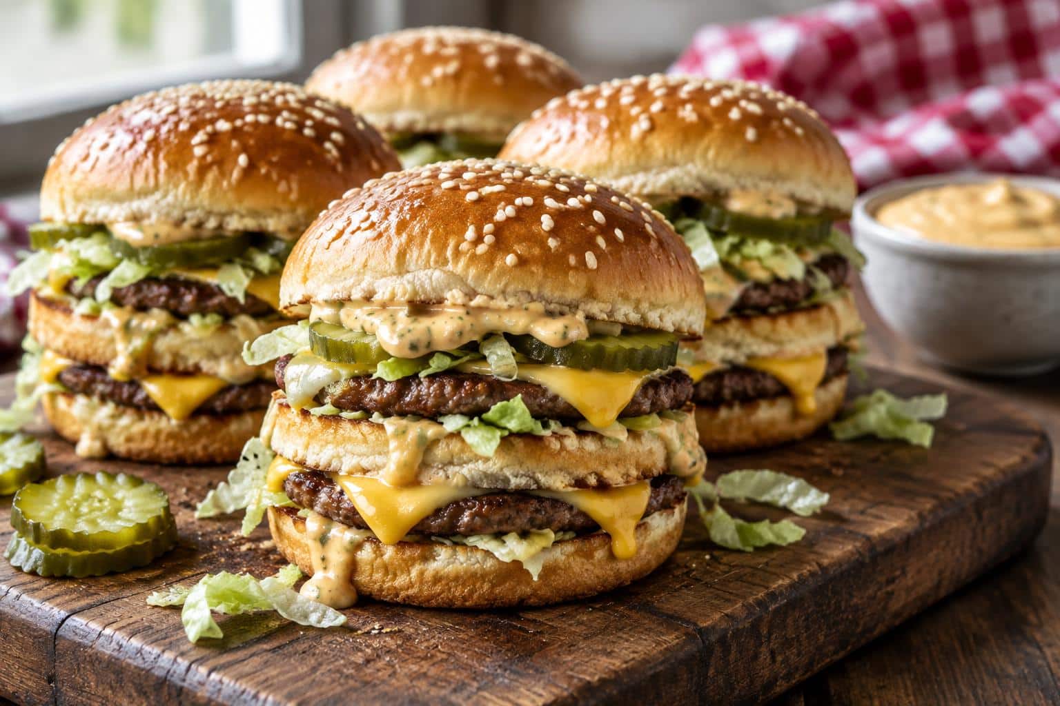 Close-up of beefy cheesy big mac sliders with lettuce and pickles on toasted buns