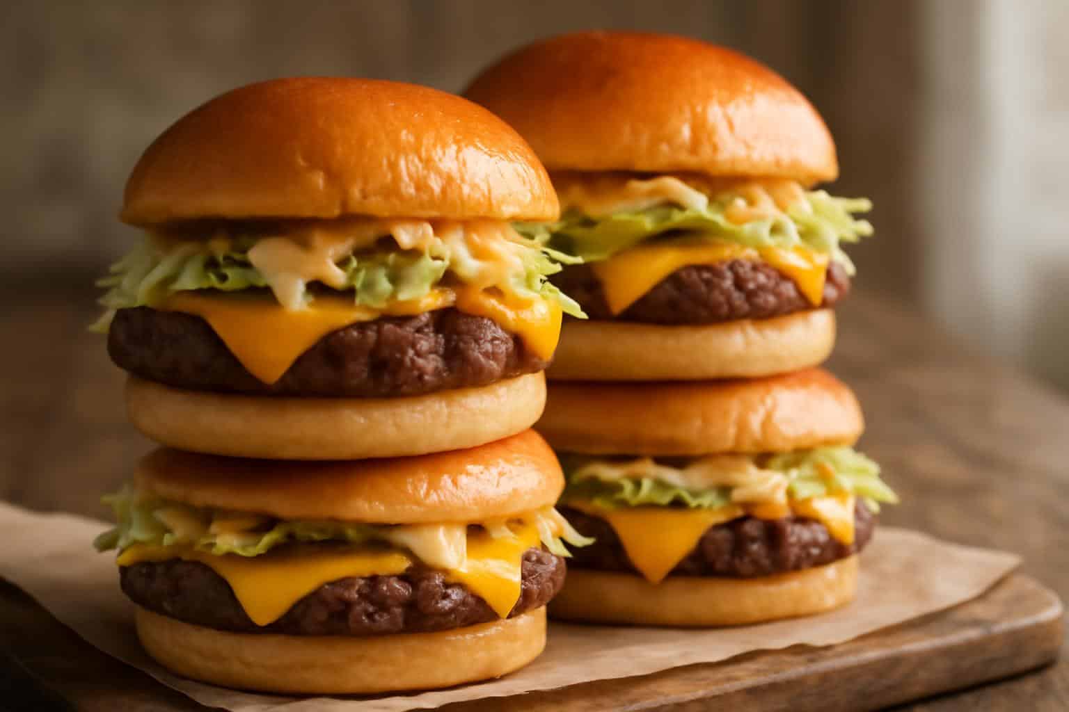 Big mac sliders with beefy patties and cheesy melted cheddar, topped with lettuce and pickles
