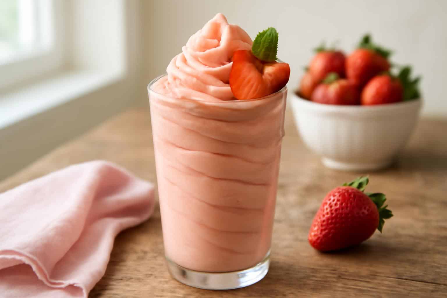 Creamy strawberry dole whip served in a glass with fresh strawberry garnish and mint leaf