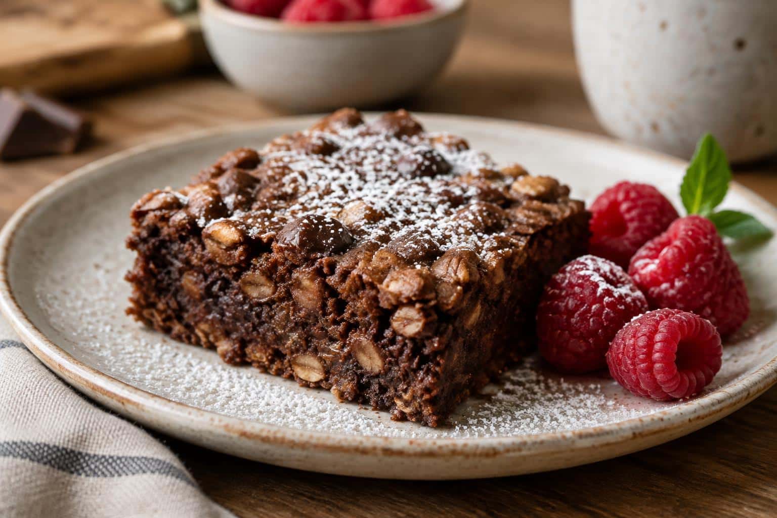 Moist slice of brownie baked oatmeal with chocolate chunks and fresh raspberries on rustic plate