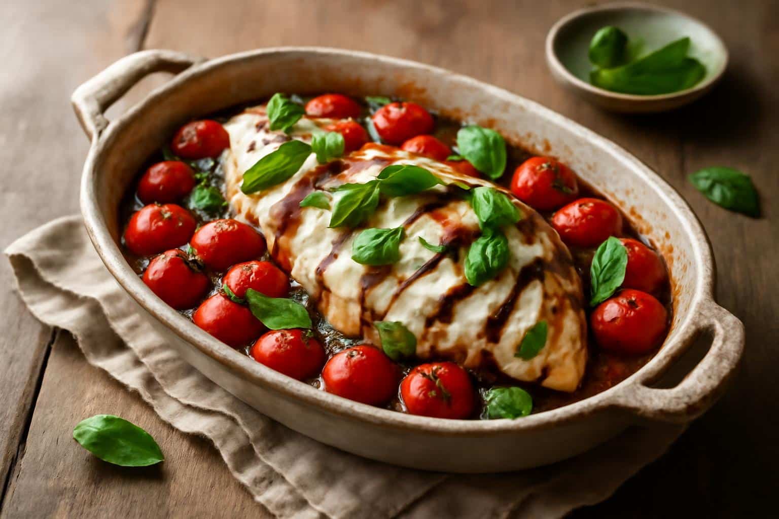 Baked caprese chicken casserole topped with melted mozzarella, cherry tomatoes, and fresh basil