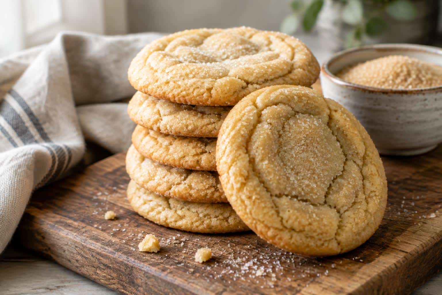 Close-up of a stack of golden chewy sugar cookies with sugar dusting