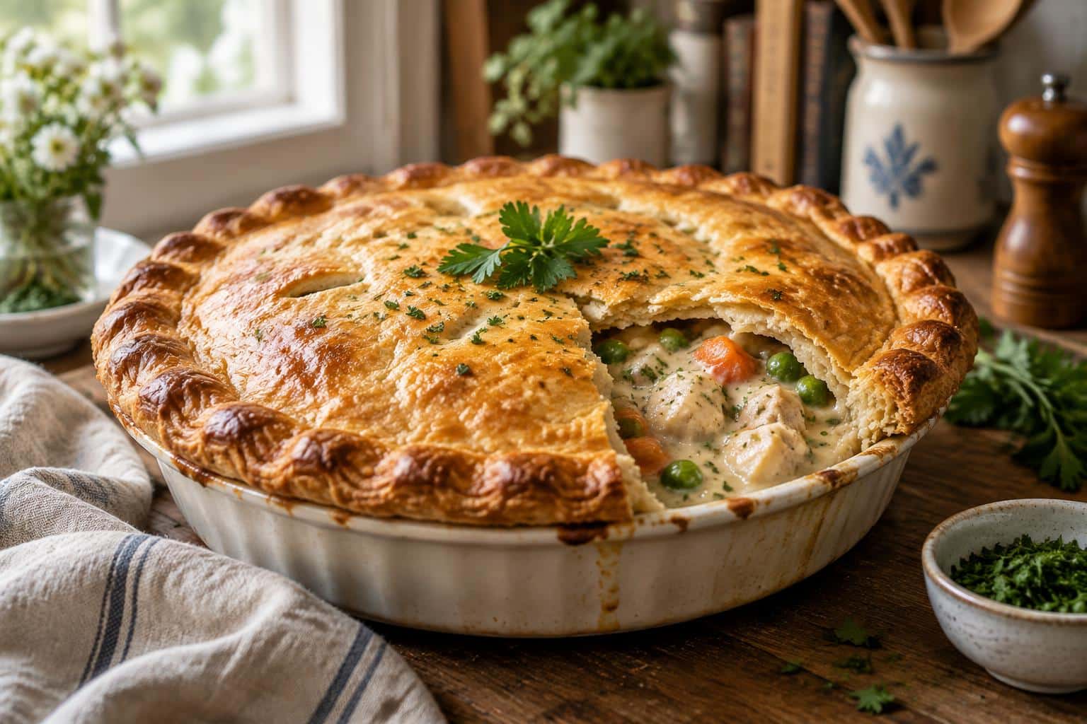 Golden flaky chicken pot pie with creamy filling garnished with parsley, best chicken pot pie