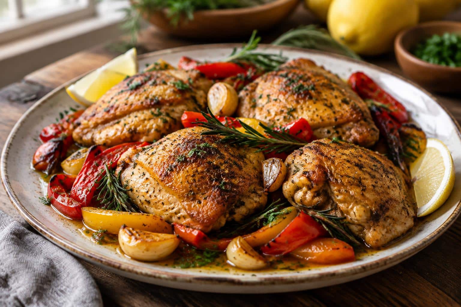 Plate of chicken scarpariello with roasted peppers and rosemary, showcasing the chicken scarpariello dish