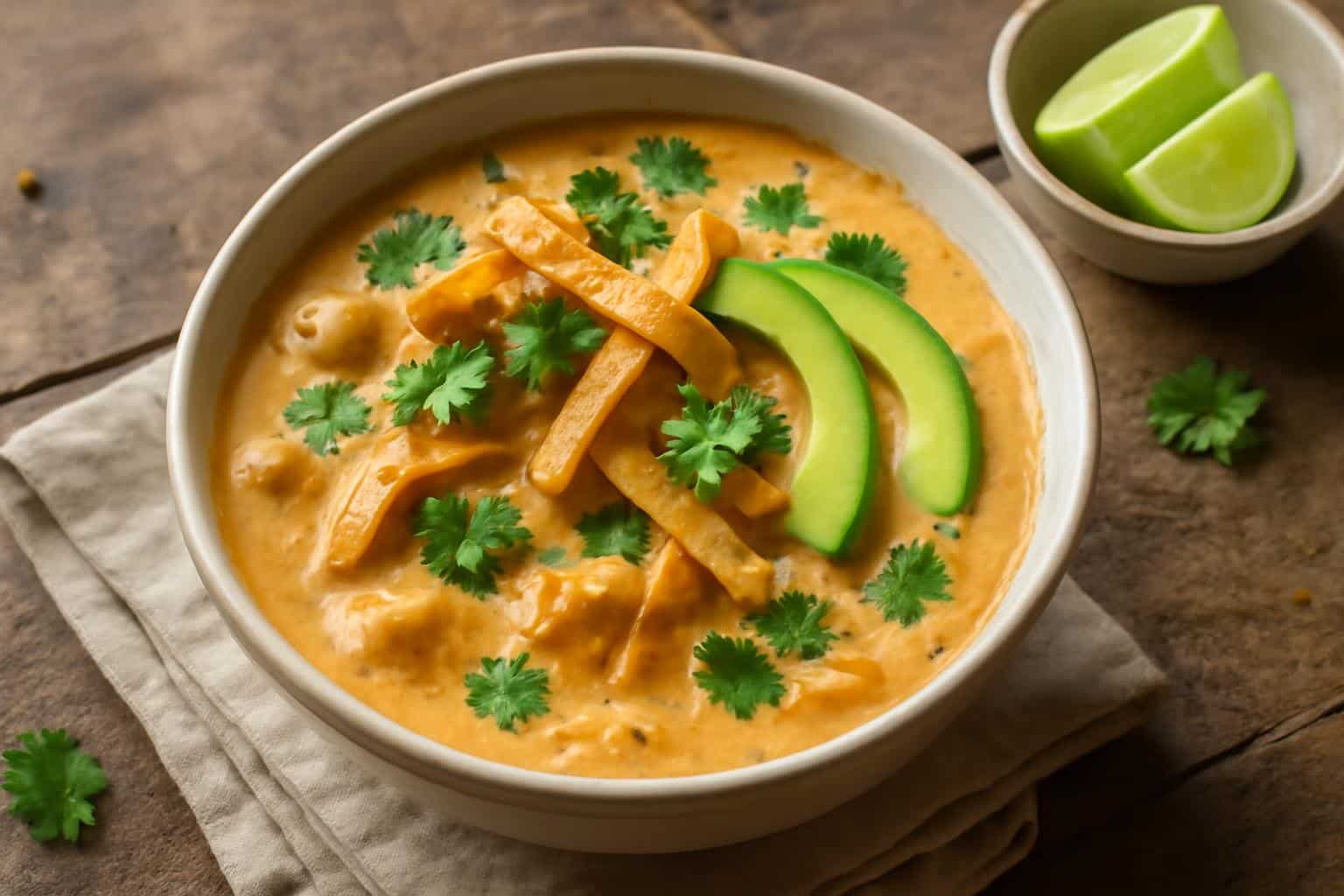 Creamy chicken tortilla soup in bowl with avocado and tortilla strips garnish