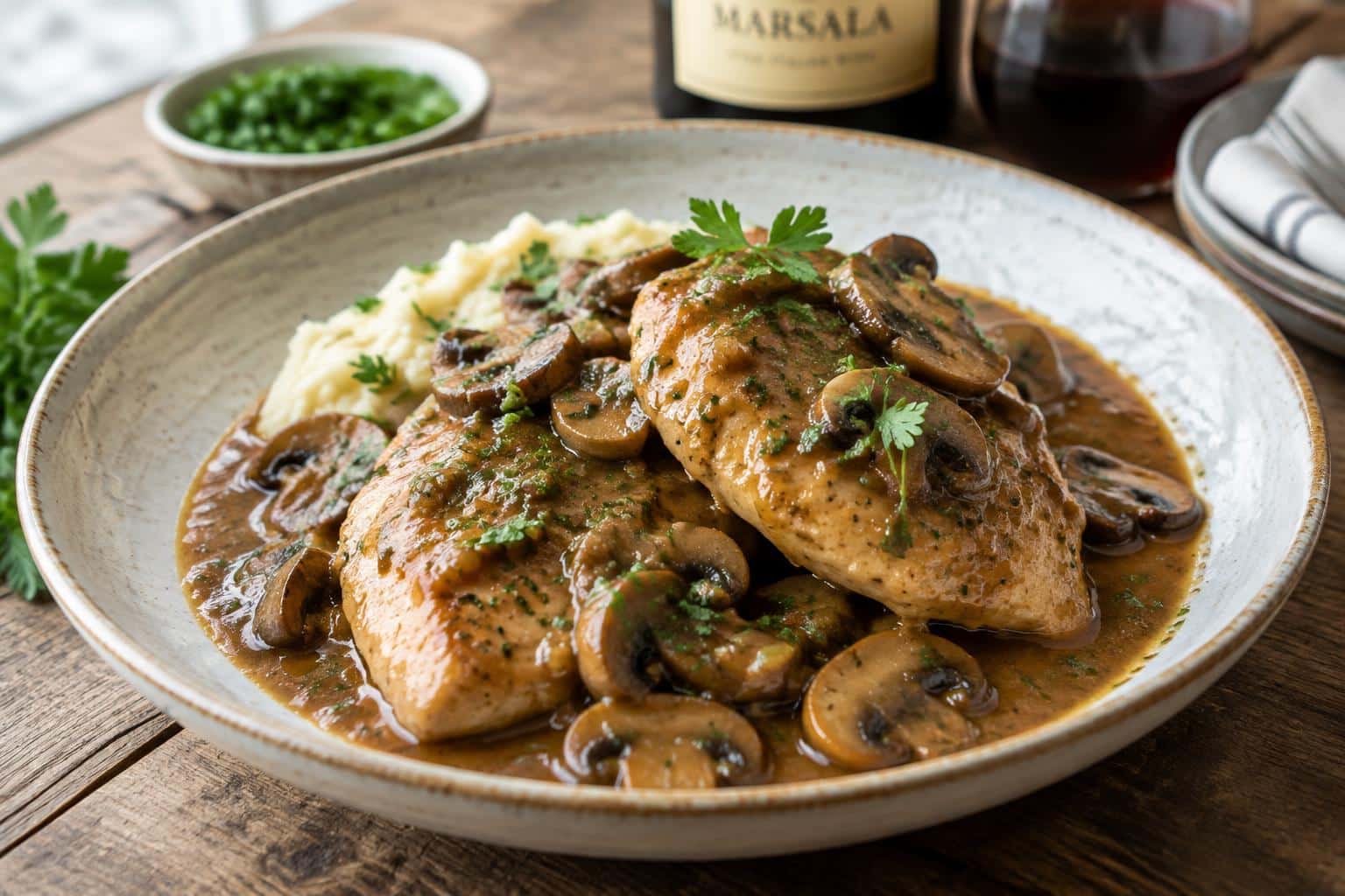 crock pot chicken marsala with mushroom sauce and parsley garnish on rustic plate