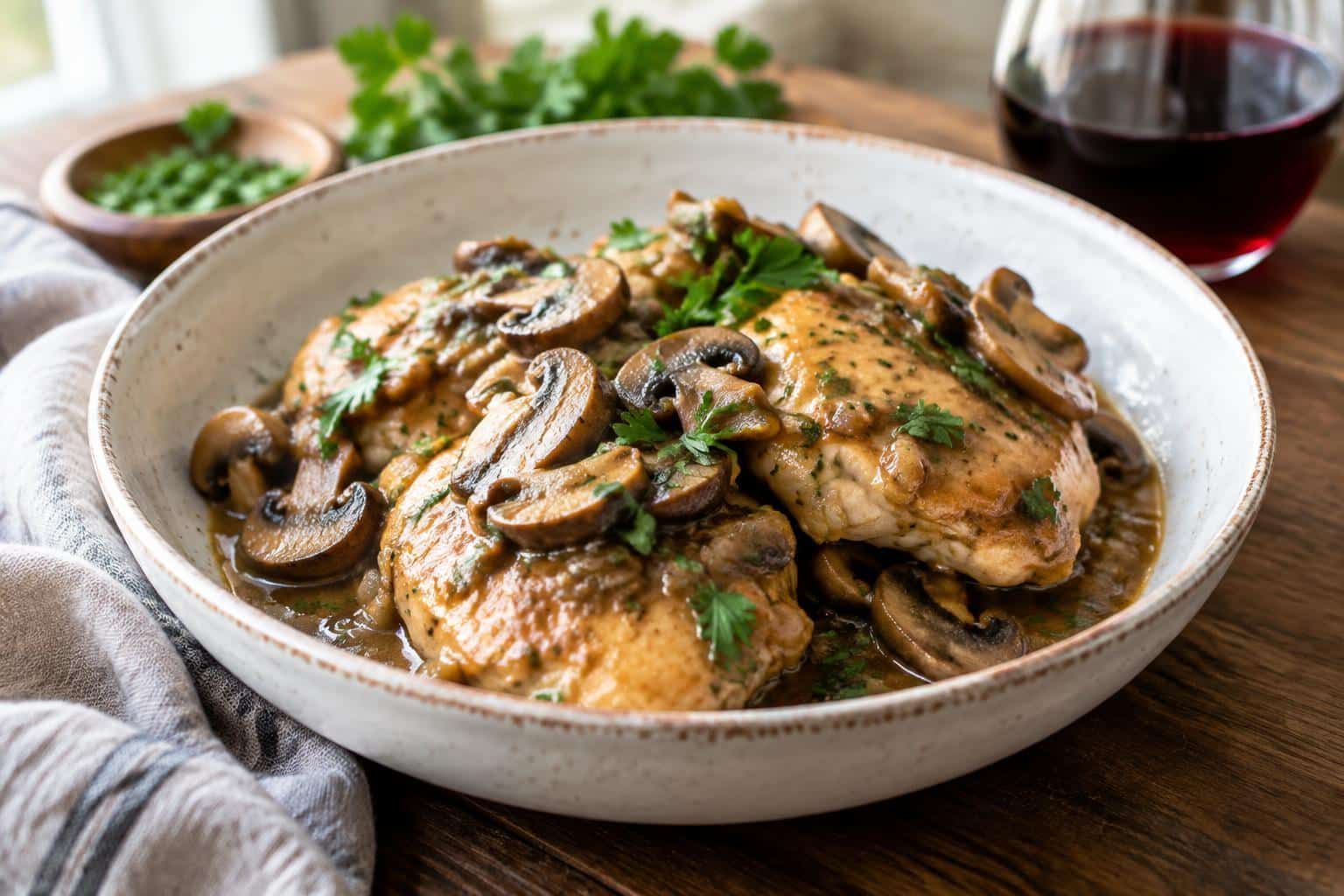 Crock pot chicken marsala with rich mushroom sauce garnished with parsley