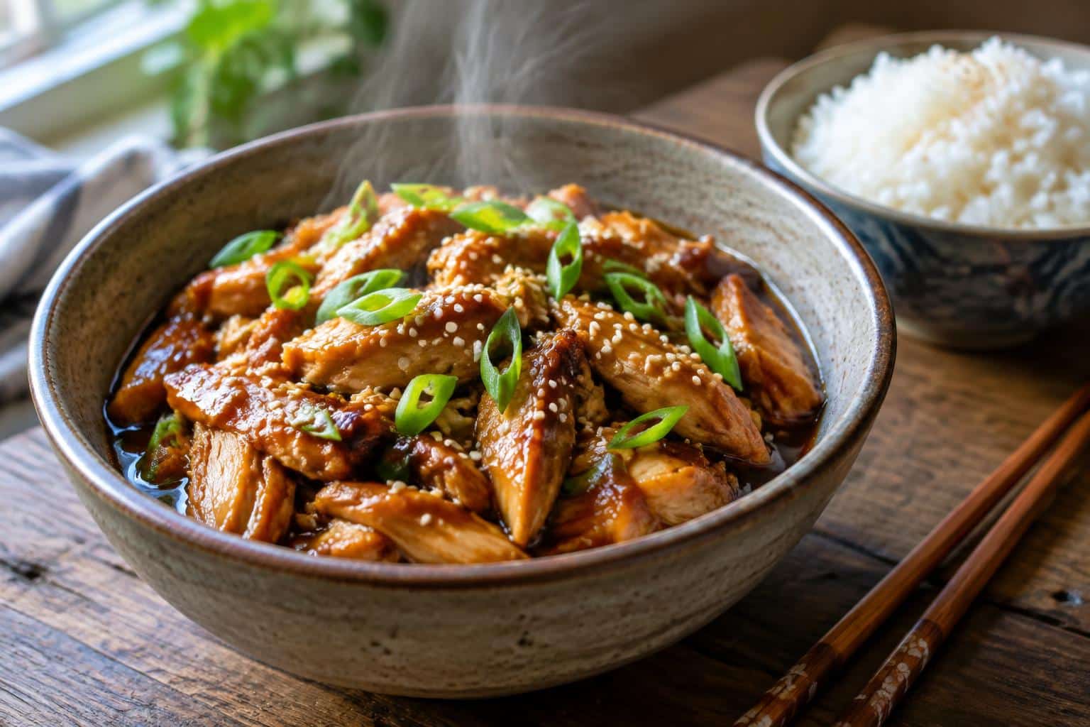 Crockpot teriyaki chicken served with rice garnished with green onions and sesame seeds