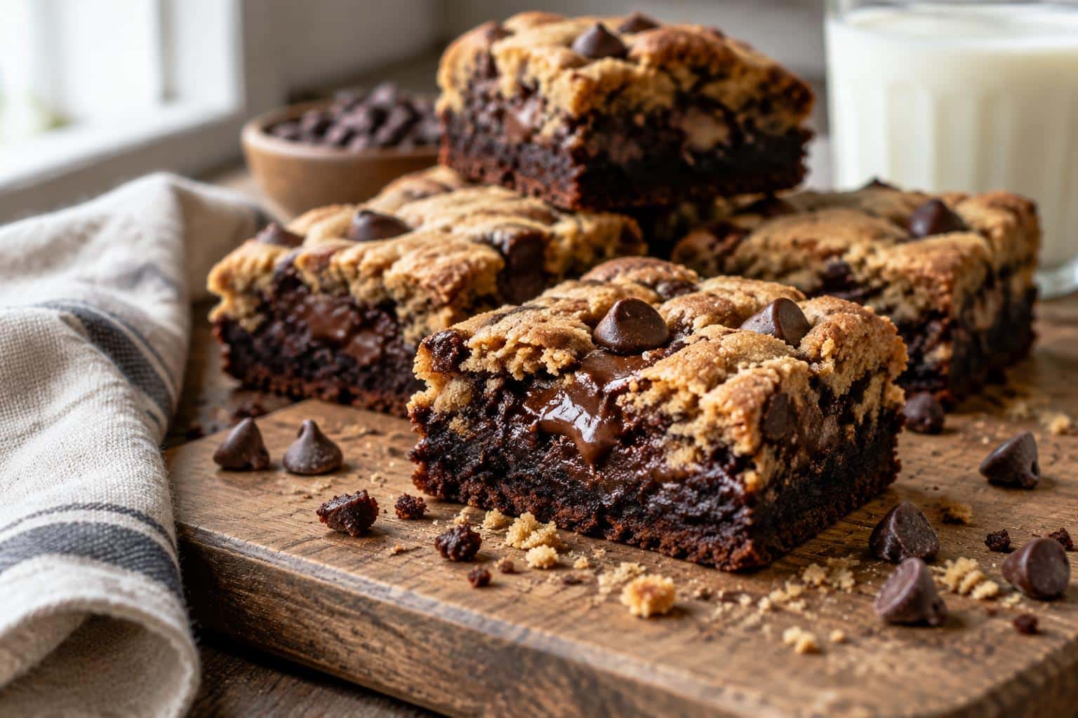 Easy brookies recipe showing crispy edges and gooey centers on a rustic board