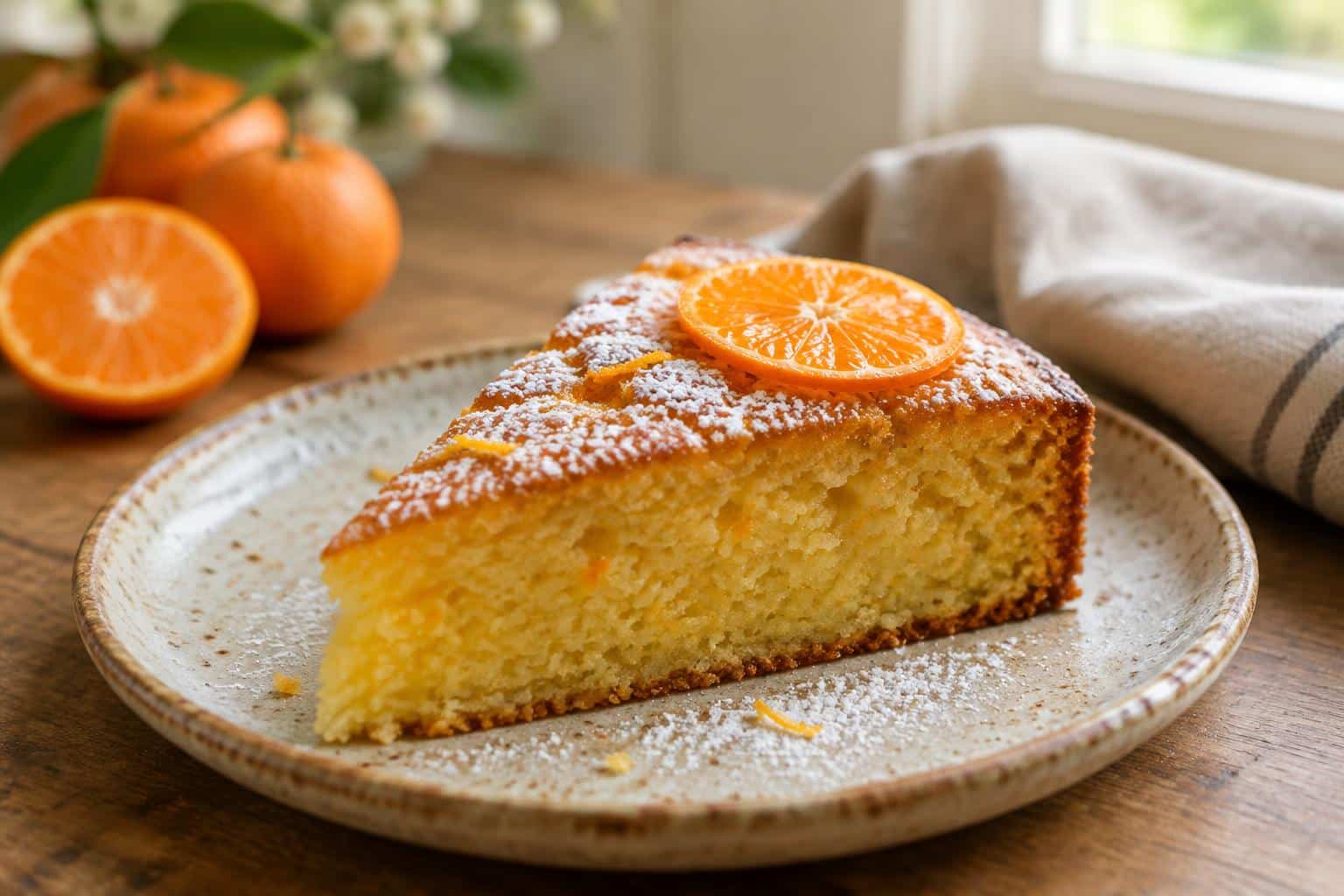 Moist slice of clementine olive oil cake garnished with fresh clementine slice and powdered sugar