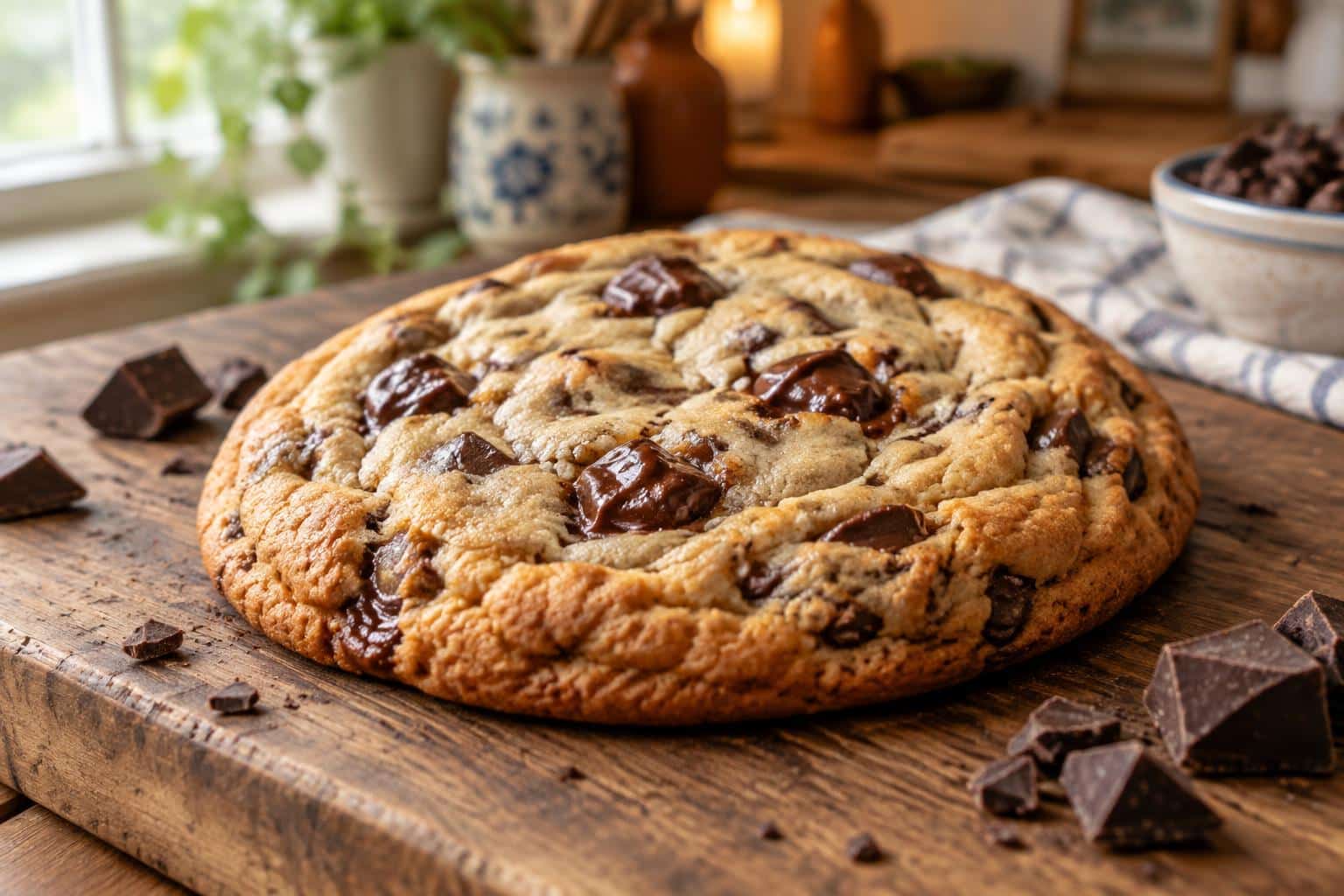 Close-up of a giant chocolate chip cookie with melty chocolate chips in natural light