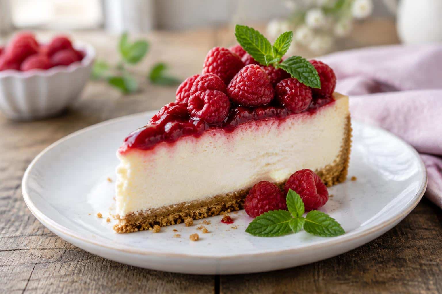 Creamy raspberry cheesecake slice topped with fresh raspberries and mint leaves