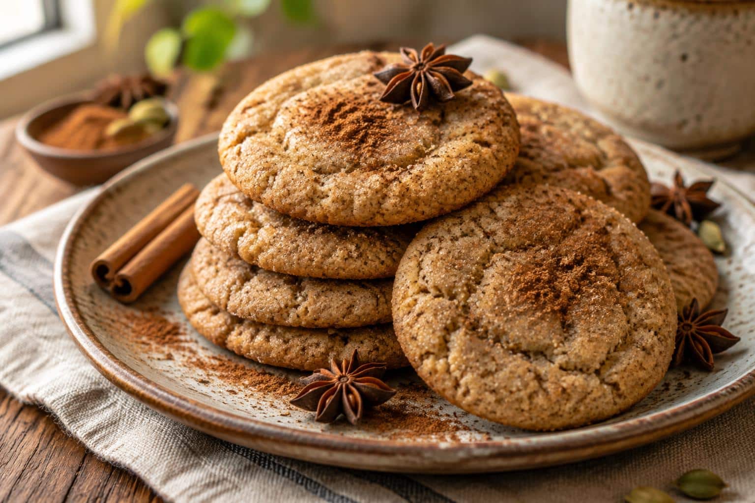 Stack of crispy vegan chai sugar cookies on rustic plate with cinnamon garnish