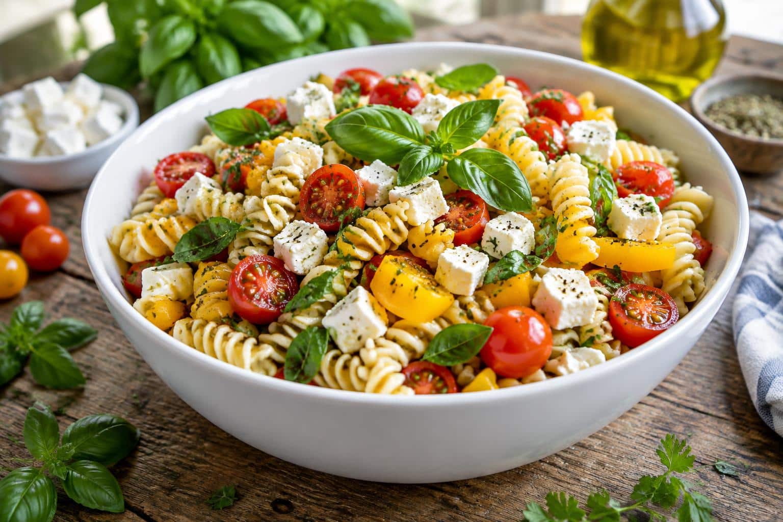 Vibrant pasta salad with cherry tomatoes, bell peppers, basil, and feta cheese in white bowl