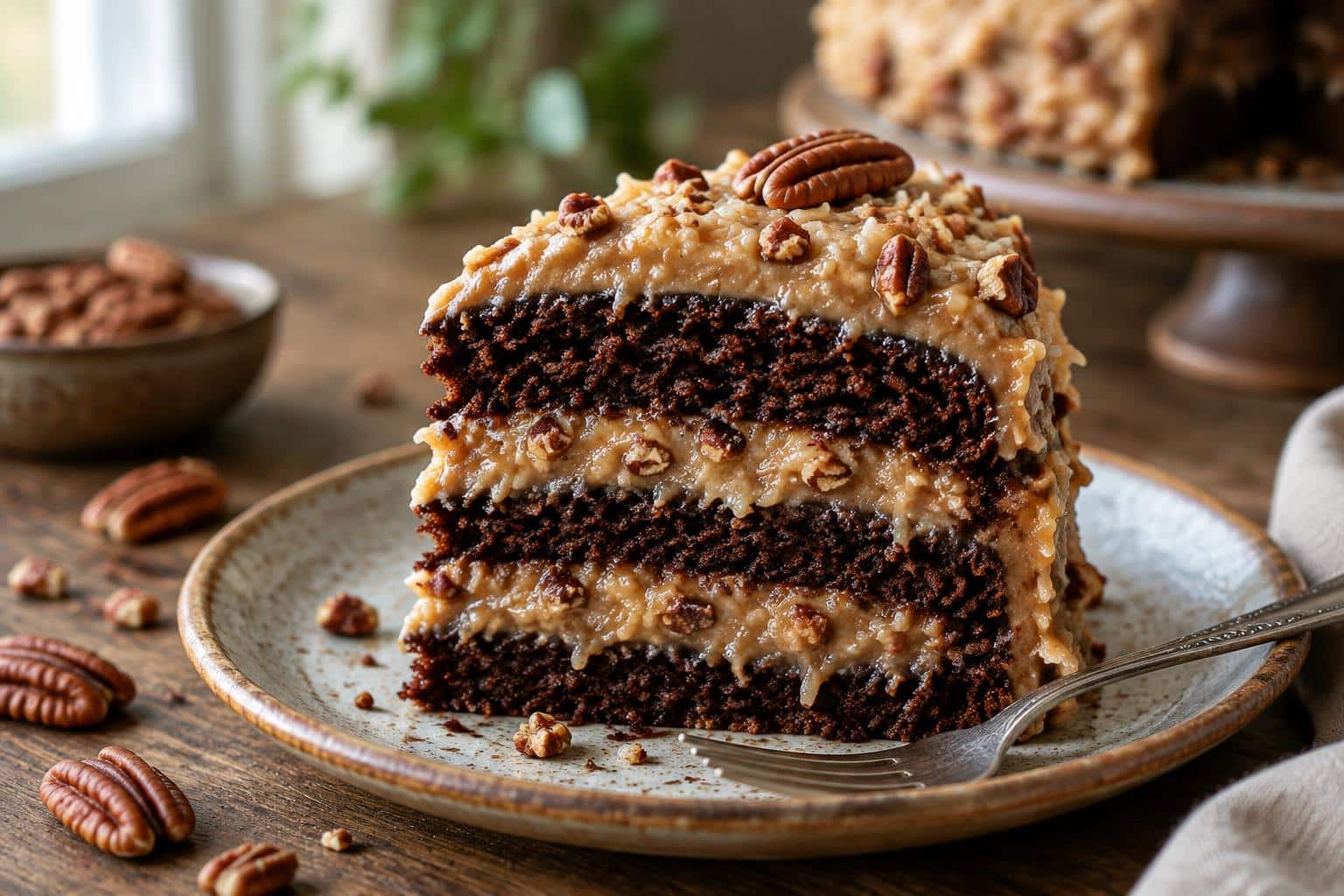 A slice of german chocolate cake with creamy coconut pecan frosting on a rustic plate