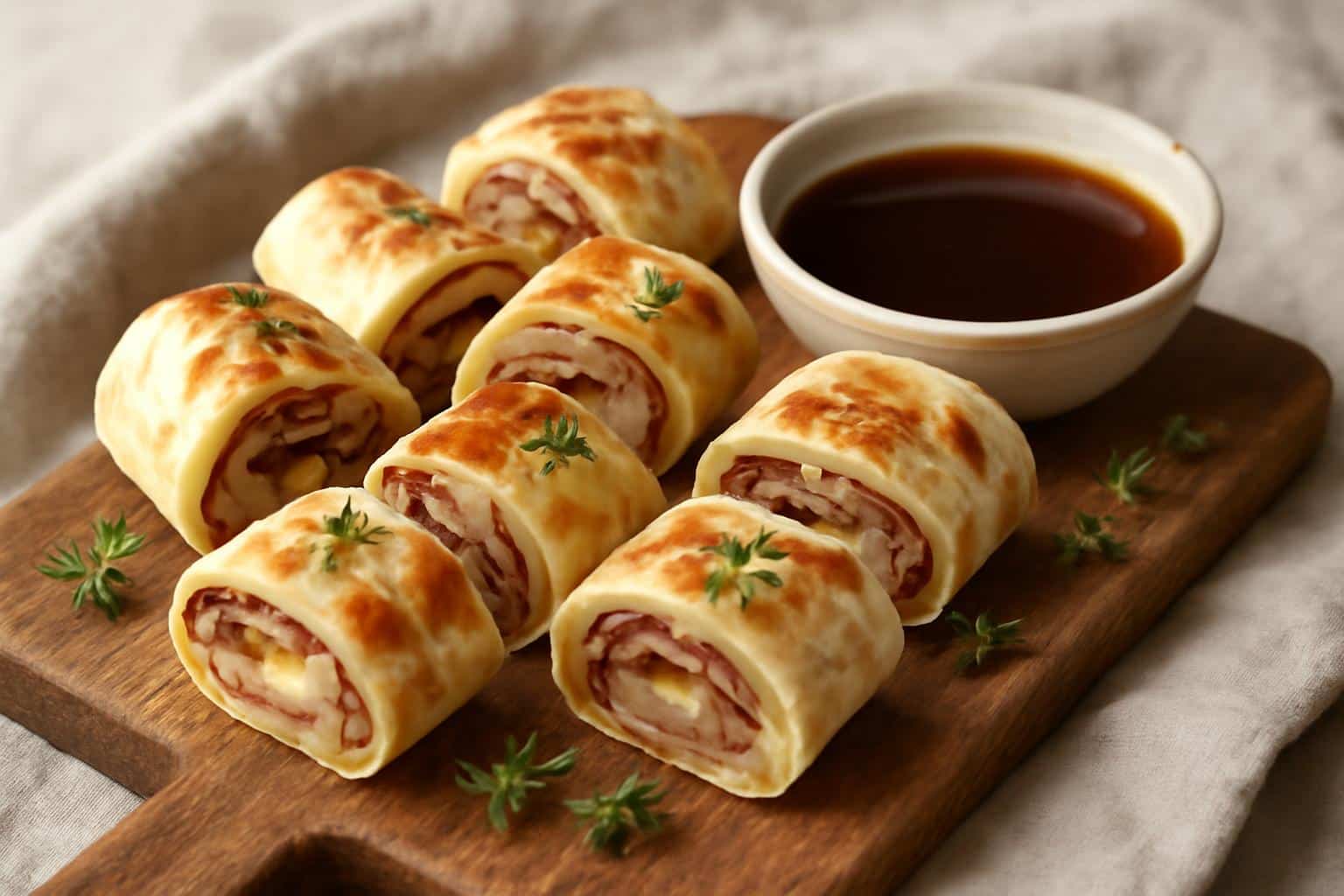 Freshly baked French dip tortilla roll ups served with au jus dipping sauce and thyme garnish