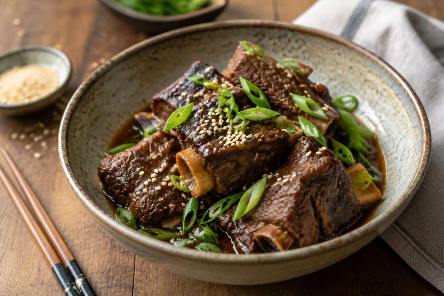 Ginger miso short ribs garnished with green onions and sesame seeds in a rustic bowl