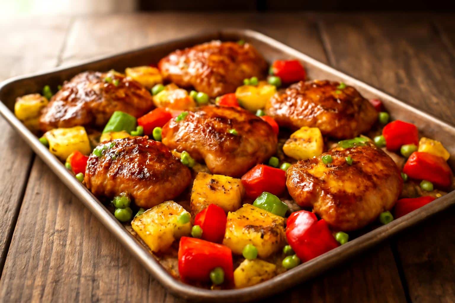 Hawaiian chicken sheet pan with juicy chicken thighs and pineapple chunks in golden glaze