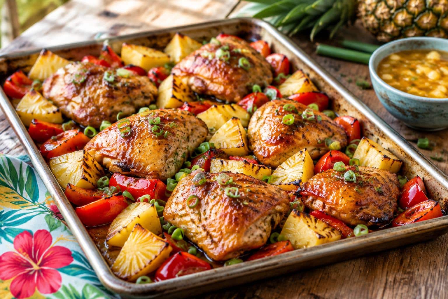 close-up of Hawaiian chicken sheet pan dinner with pineapple and vegetables
