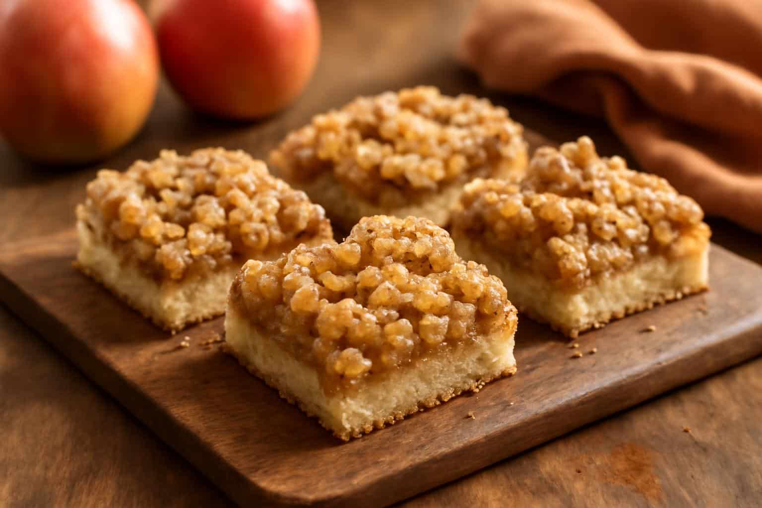 Freshly baked apple crisp shortbread bars with crumbly base and cinnamon apples