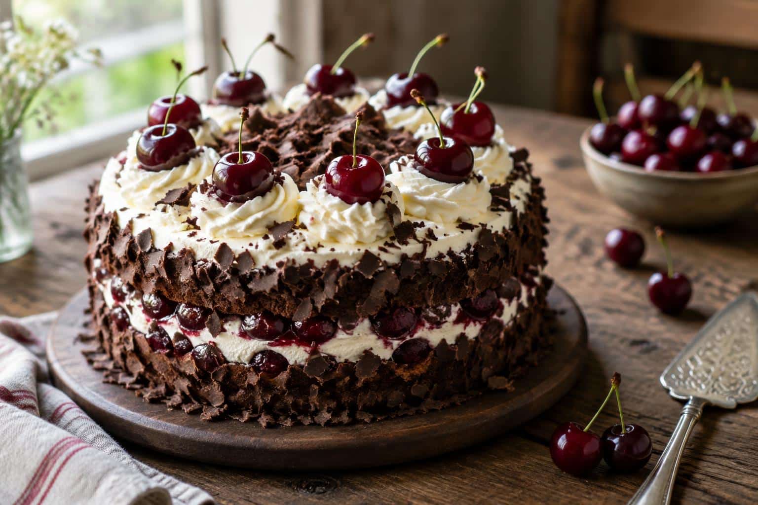 homemade black forest cake with chocolate layers, whipped cream, and cherries on top