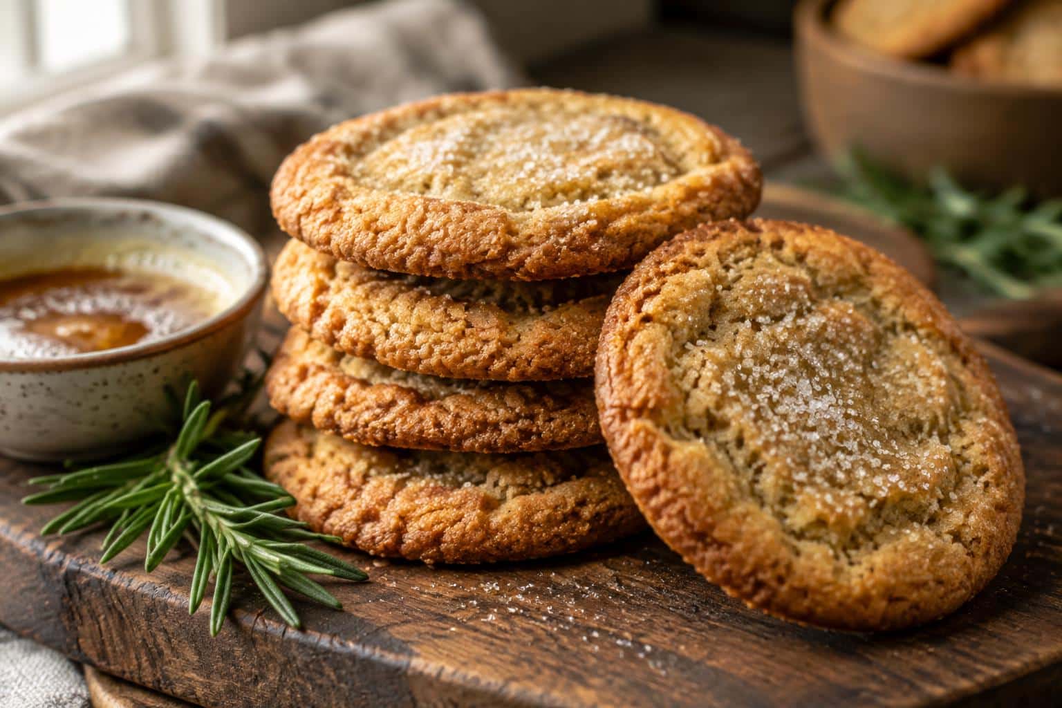 Crispy golden brown butter sugar cookies stacked on wooden board with sugar dusting