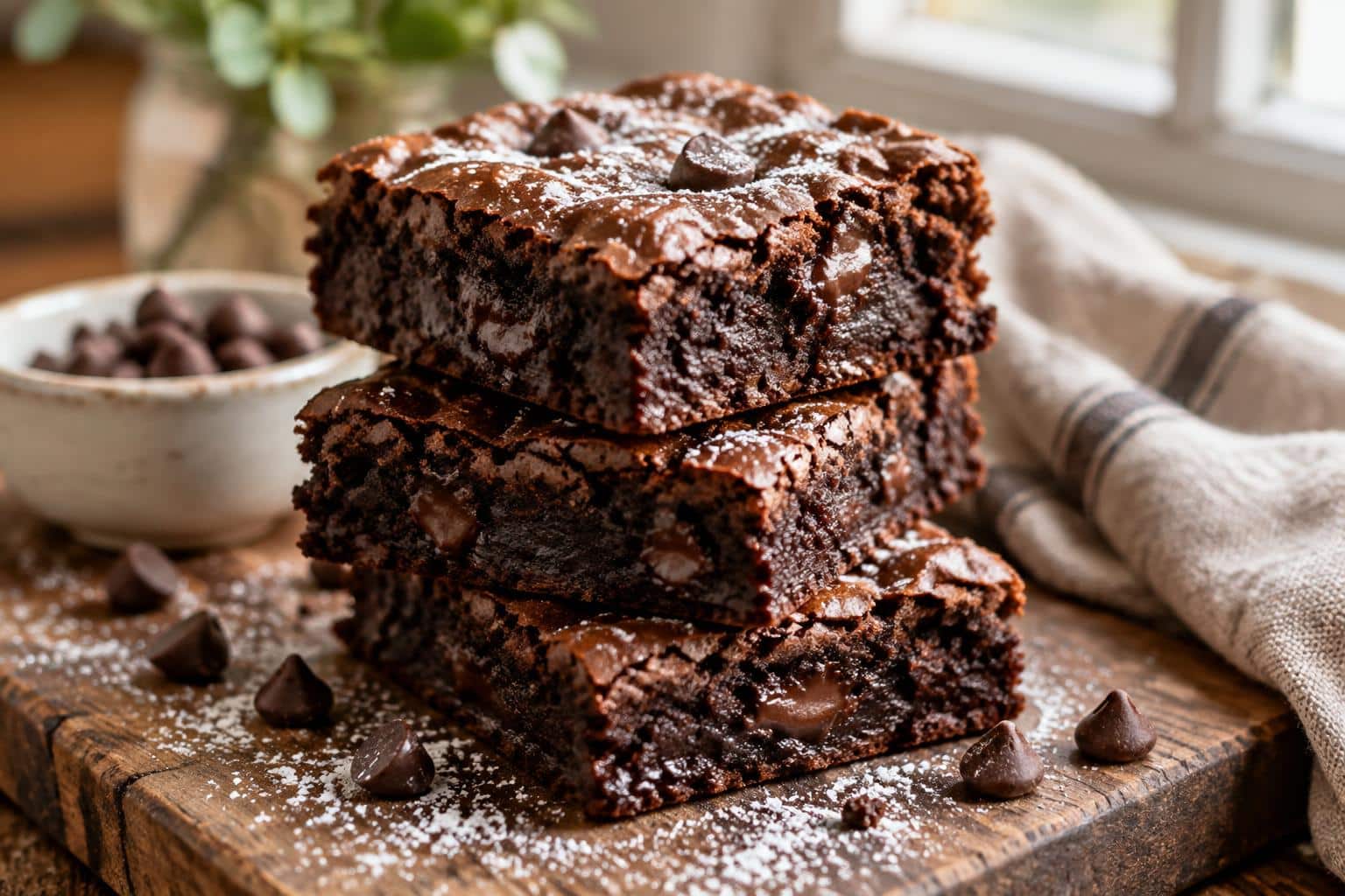 Close-up of homemade brownies with creamy texture and glossy top under natural soft light