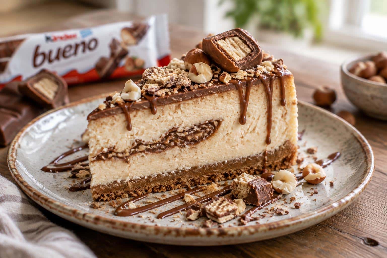 Slice of creamy bueno cheesecake with hazelnut garnish and chocolate drizzle, homemade bueno cheesecake