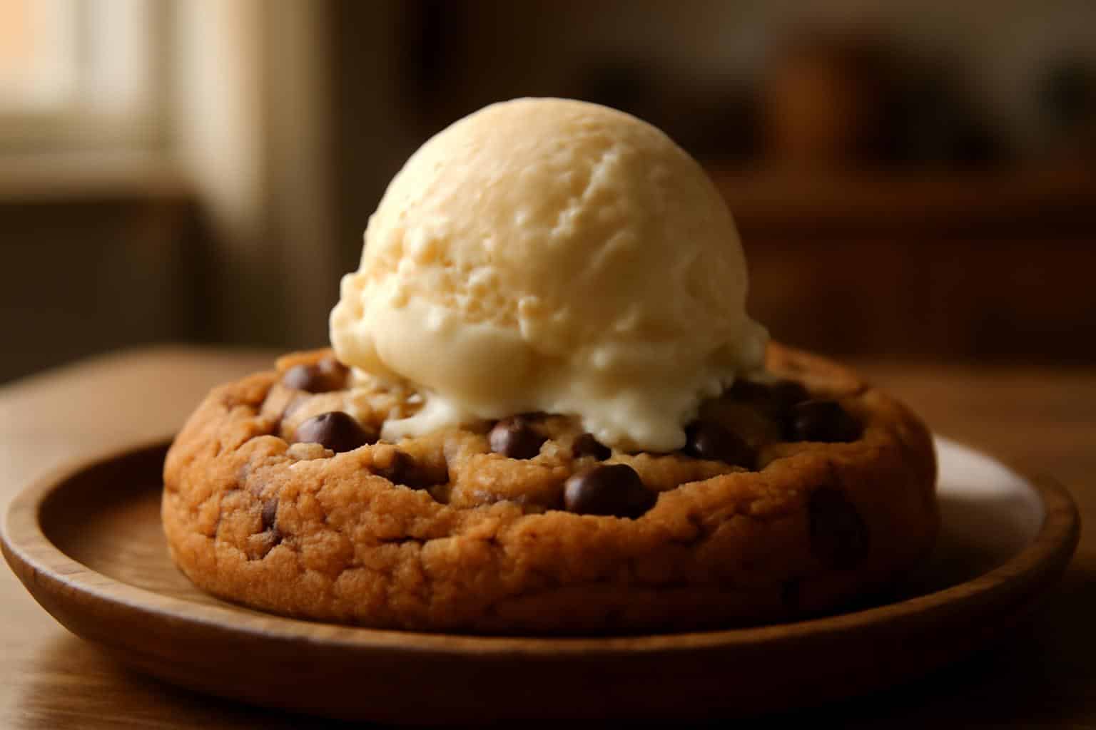 Best homemade chocolate chip cookie topped with creamy ice cream delight on rustic plate
