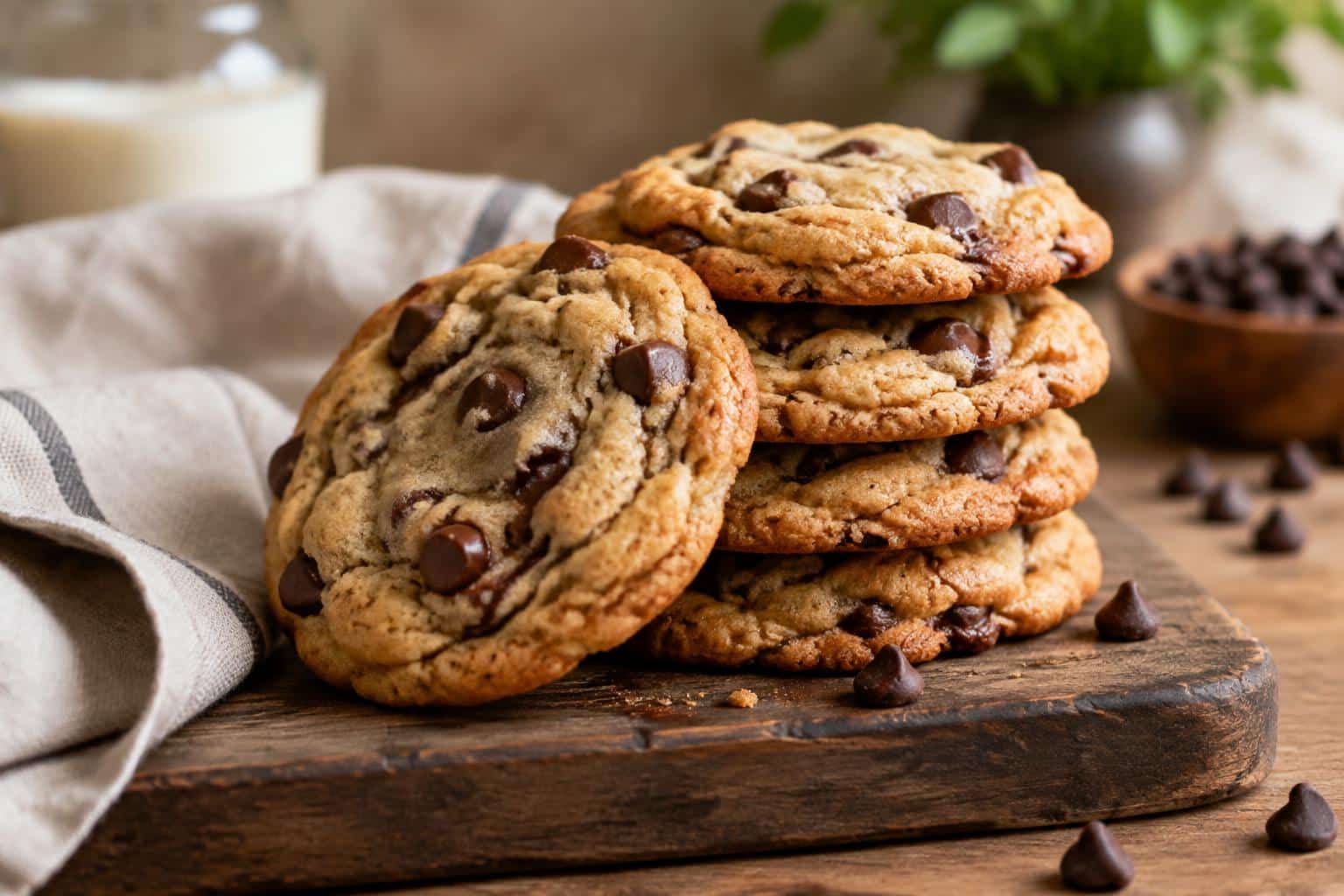 Fresh homemade chocolate chip cookies with crispy edges and melty chips on rustic wooden board