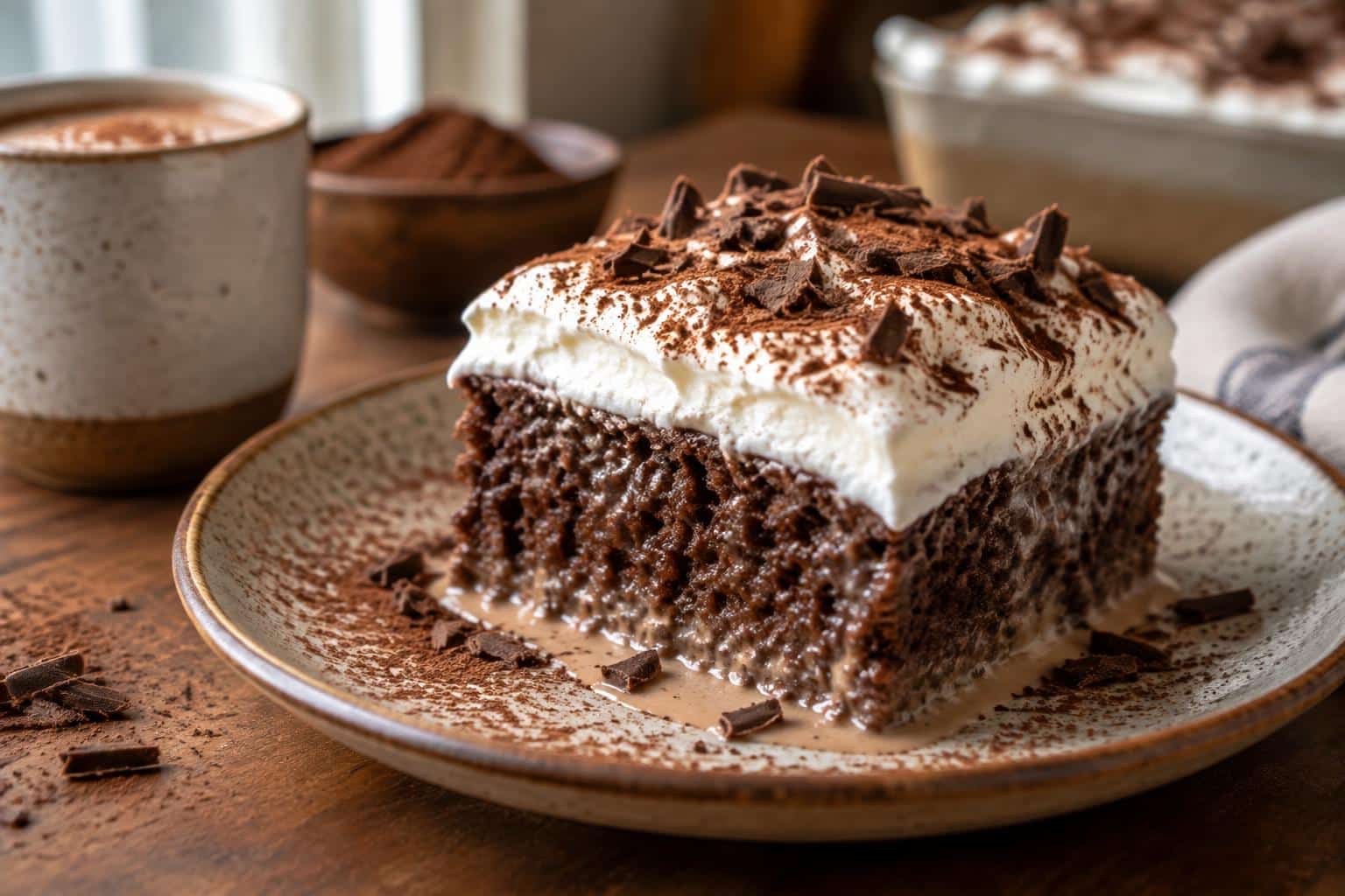 Slice of hot cocoa tres leches cake topped with whipped cream and chocolate shavings on rustic plate
