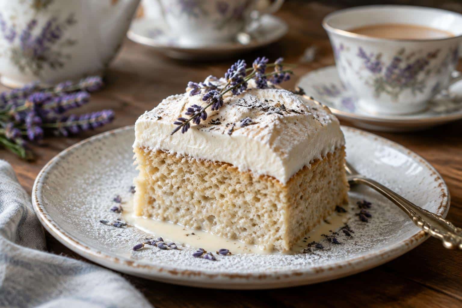 Moist slice of London Fog Tres Leches cake with creamy topping and lavender garnish