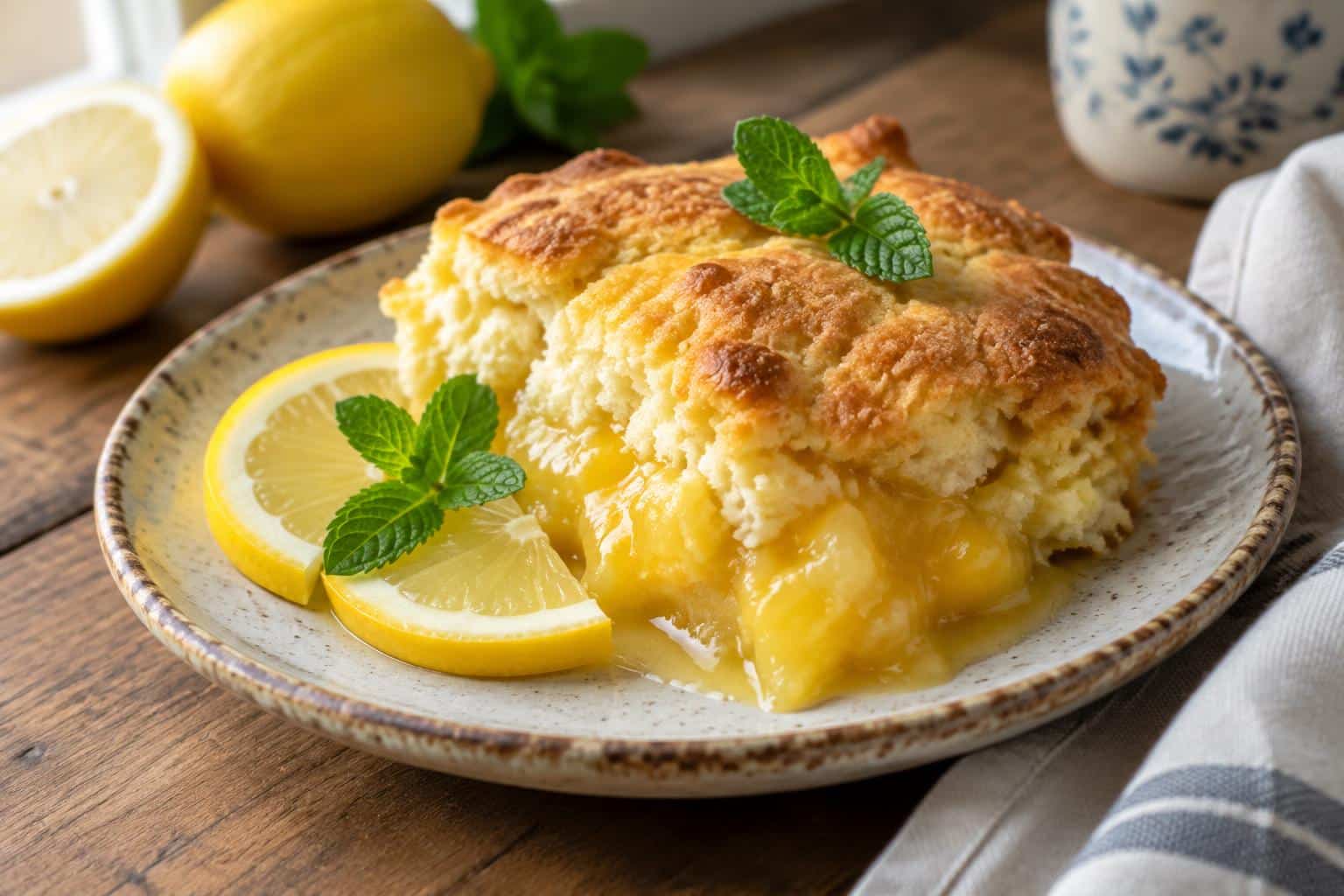 Magic lemon cobbler dessert with golden crust and fresh lemon garnish, magic lemon cobbler