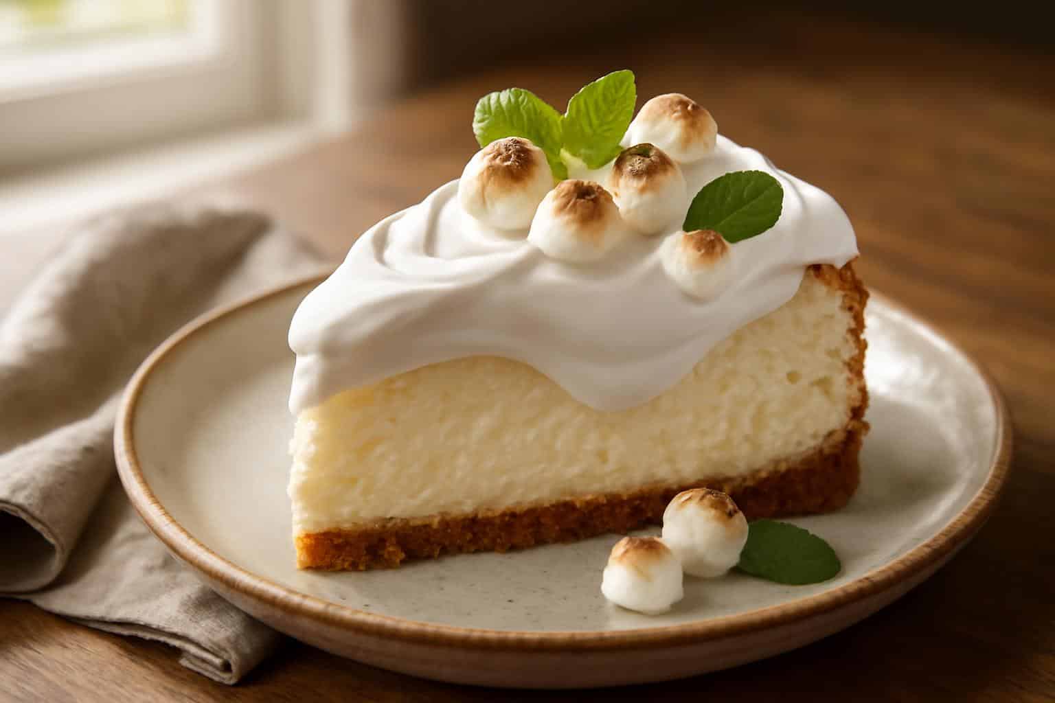A slice of fluffy marshmallow whip cheesecake with toasted marshmallow topping and mint garnish
