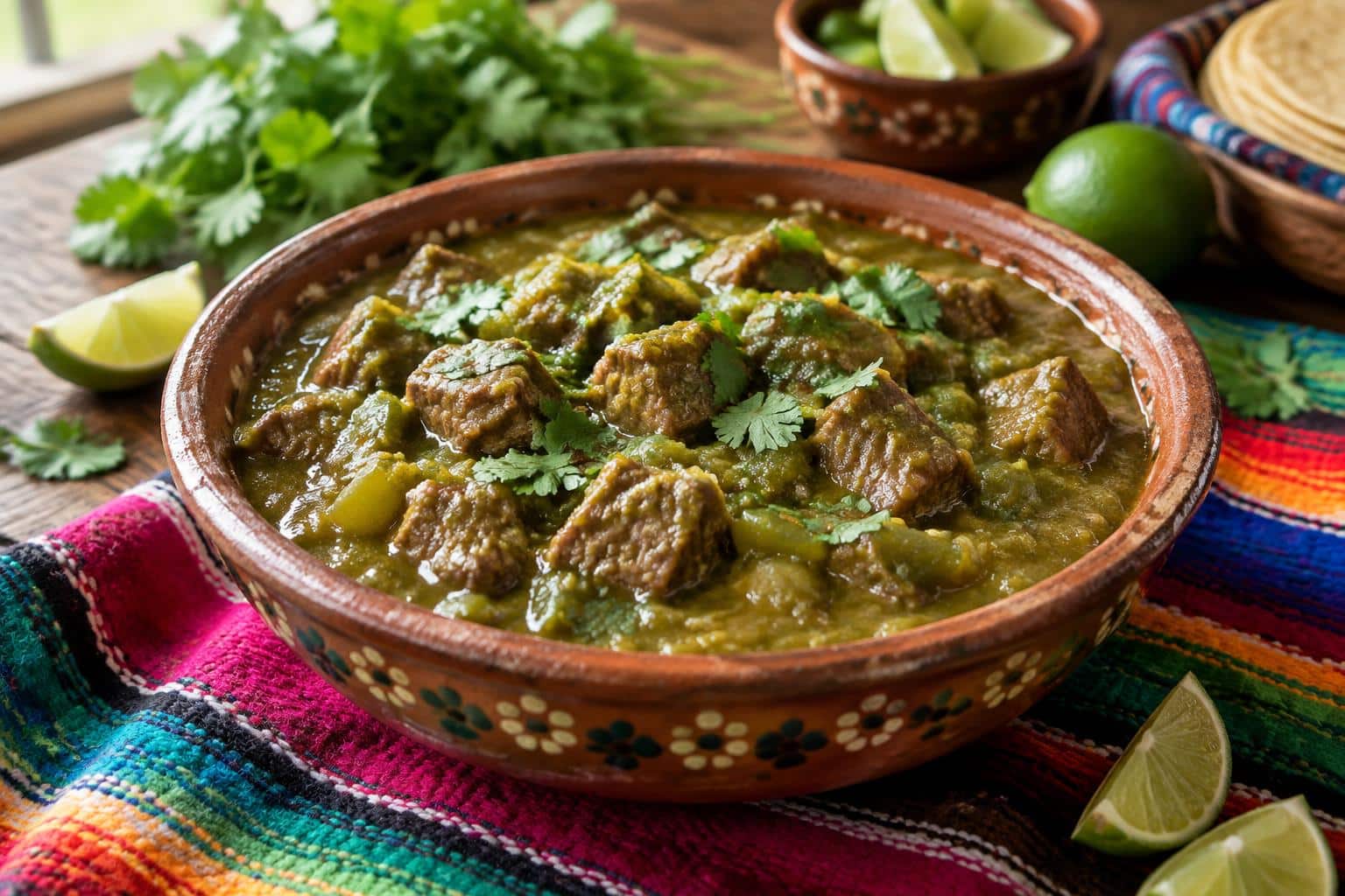 Mexican beef chile verde served in a bowl with fresh cilantro garnish and lime wedges