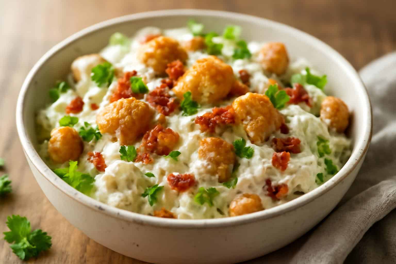 Creamy and crispy million dollar chicken salad with fresh parsley garnish